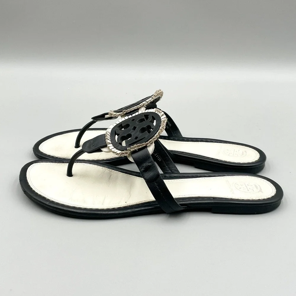 Tory Burch Miller Fringe Sandals Womens 9M Black White Leather Logo Thong Flats